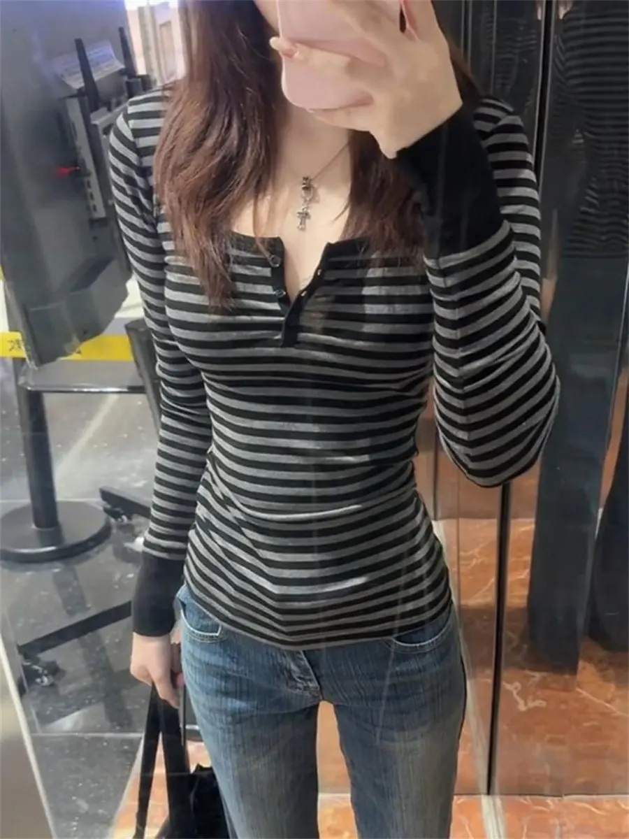 Slim Fit Long Sleeve T-Shirt Women's Spring Autumn New Style Korean Version Base Shirt Striped Sweet And Spicy German Velvet