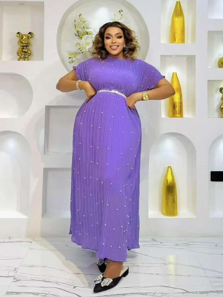 

2025 Celebrity Temperament Heavy Industry Pearl Fungus Edge Round Neck Dress Women's Summer New Waist Thin Pleated Long Dresses