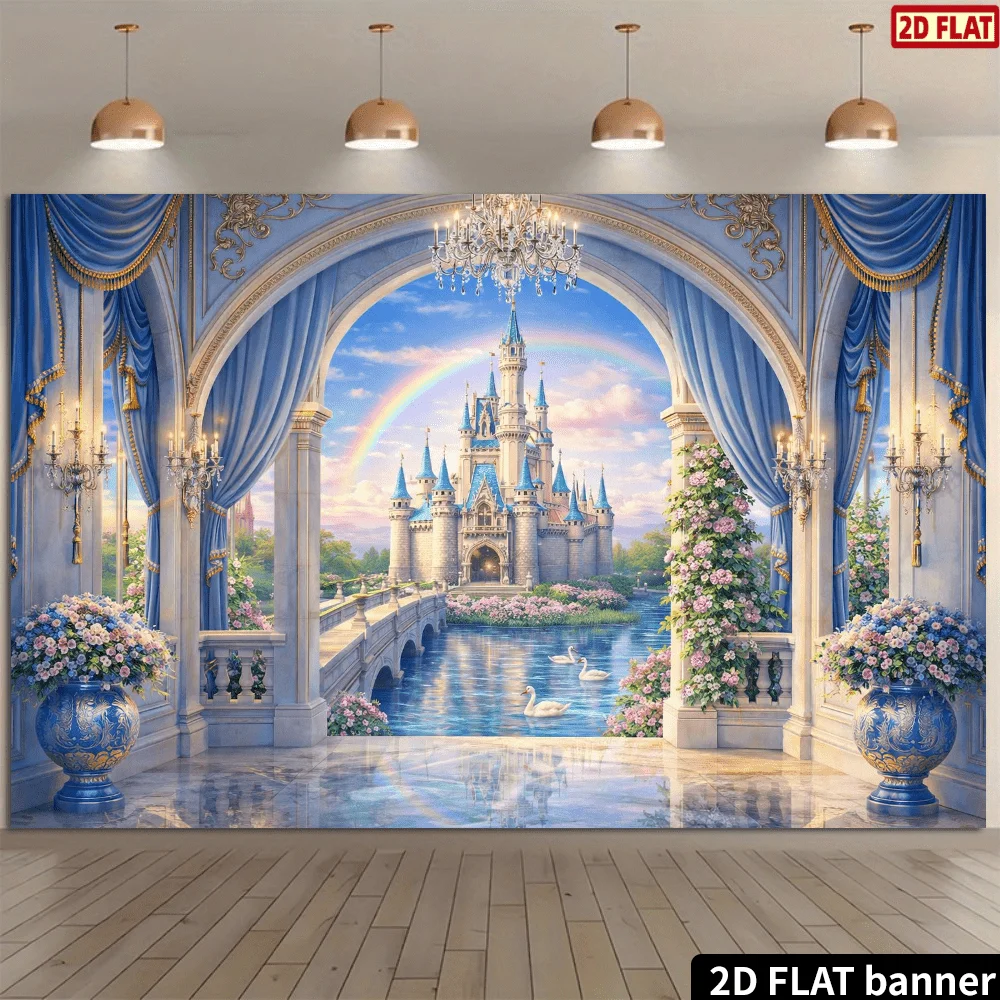 Dreamy Blue Fantasy Castle Tapestry Mural Polyester Wall Hanging Royal Palace Fairy Tale Backdrop for Living Room Decor