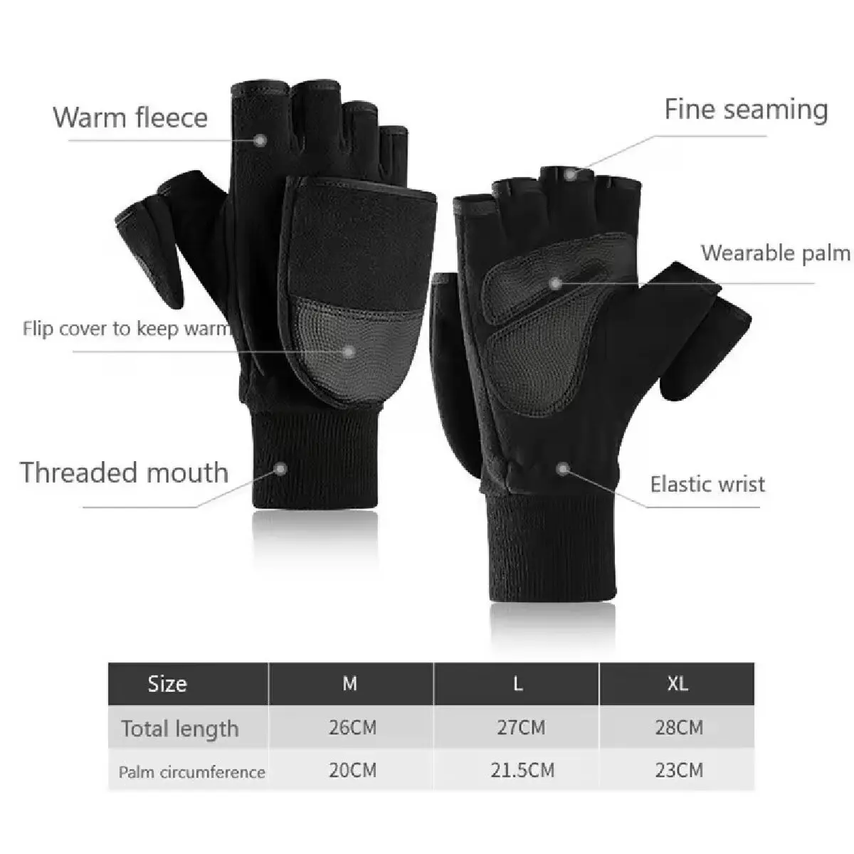 Winter Flip Cover Black Fishing Gloves Half Finger Anti-Slip Breathable Camera Photography Sports Outdoor Warm Gloves