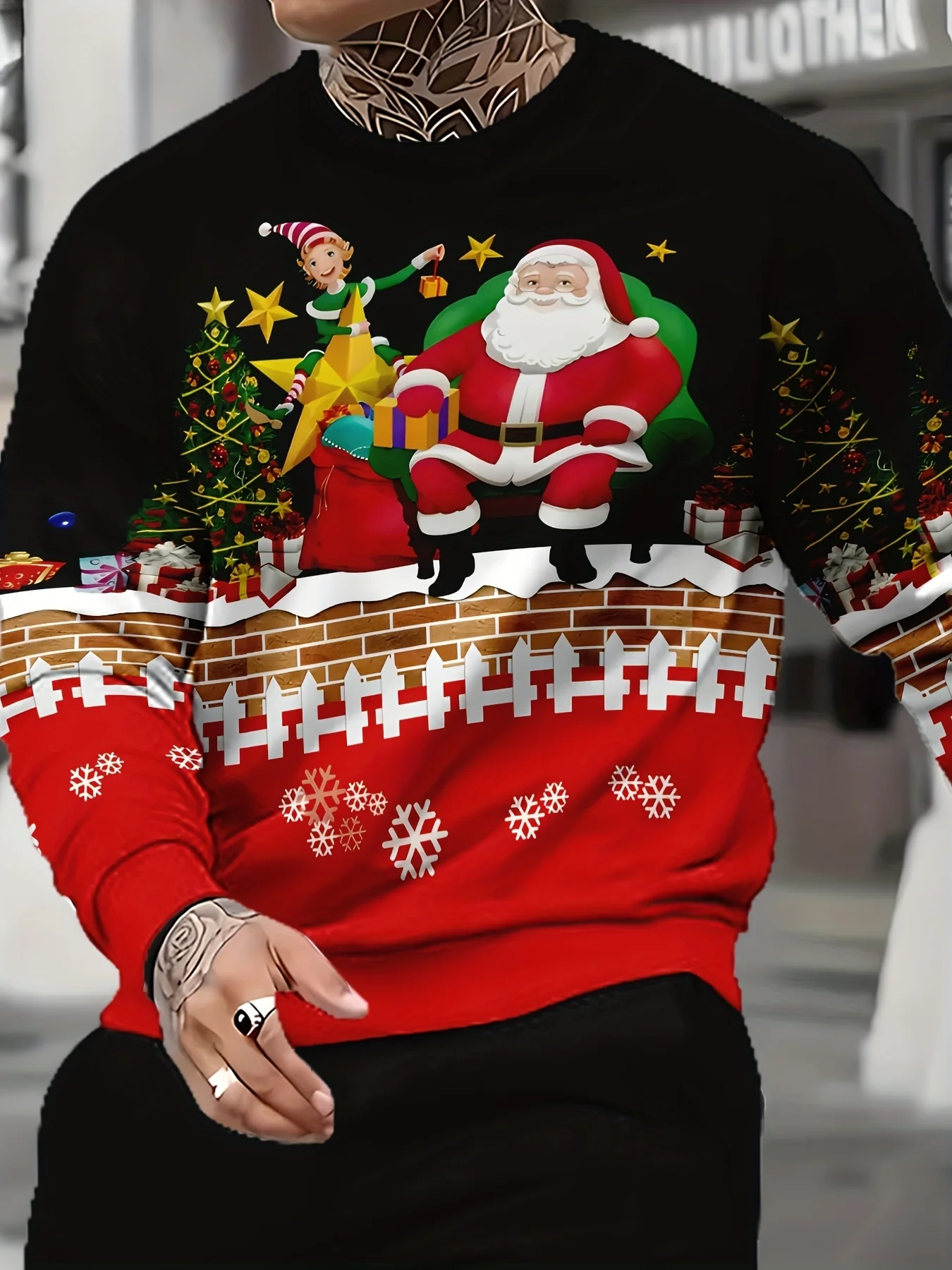 Men Crewneck Sweatshirt, Black Red Santa Elf Gift Tree Print Polyester Casual Pullover
