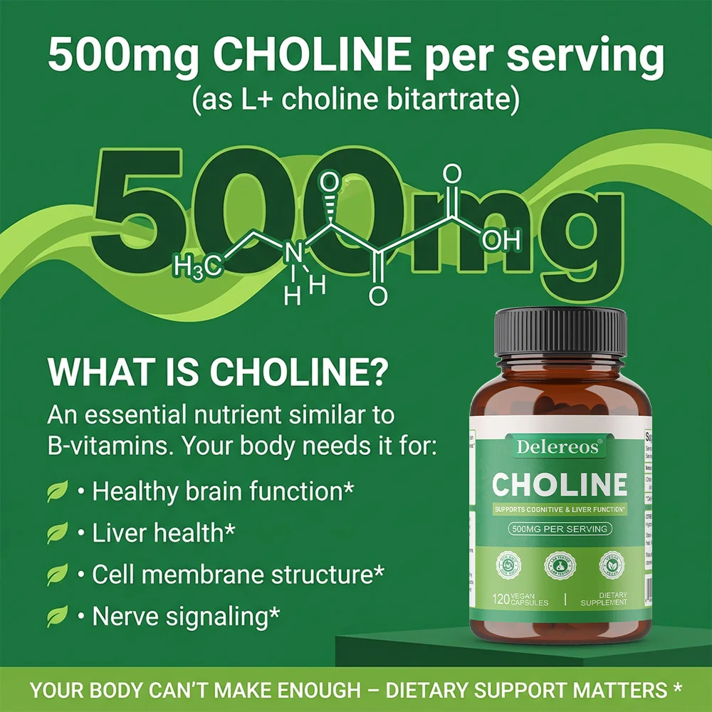 Choline 500mg - High Potency Choline Supplements, Supports Cognitive Performance & Liver Function, Vegan Capsules, Non-GMO
