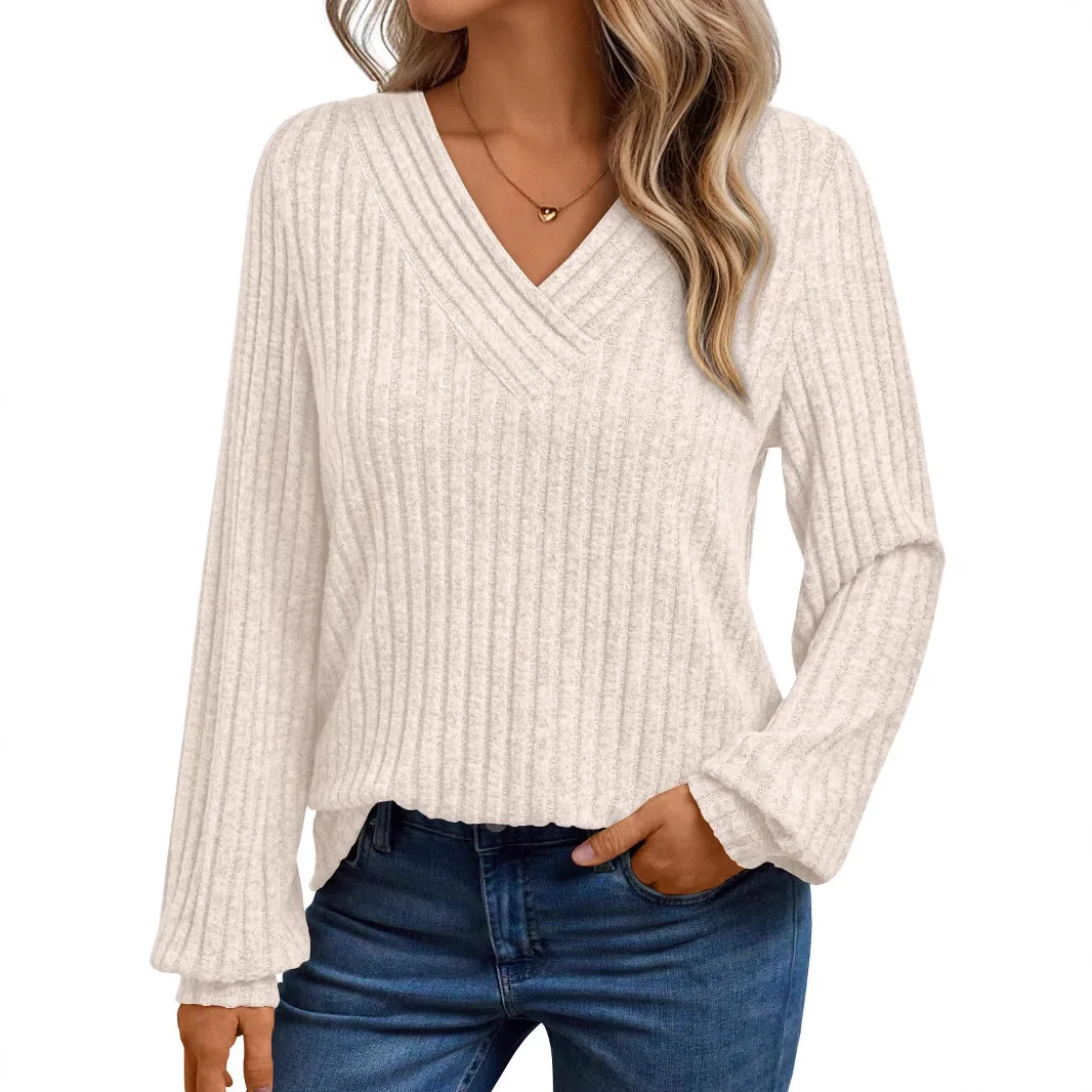 2025 Fall Women V-Neck Long Sleeved Ribbed Striped T Shirt Solid Color Pit Vintage Ladies Knit Shirts Loose Casual Woman Blouses