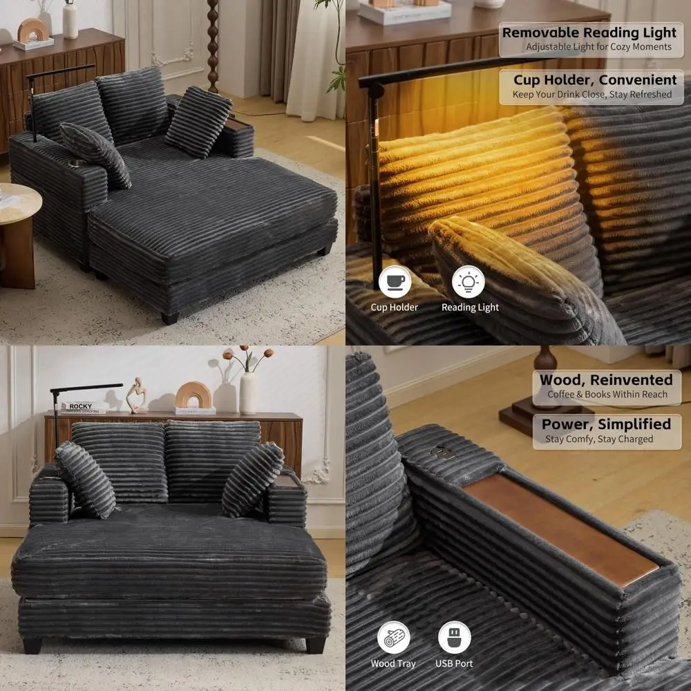 

LED Lighted Oversized Chaise Lounge Chair with Dual Charging Ports, Built-in Wood Tray, Corduroy Sleeper Sofa for Reading and Re