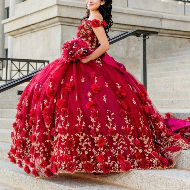 

Red Shiny Ball Gown Quinceanera Dresses Applique Flower Beading Bow Tull Corset Off Shoulder Sweet 16 Dress Vestidos 15 De Anos