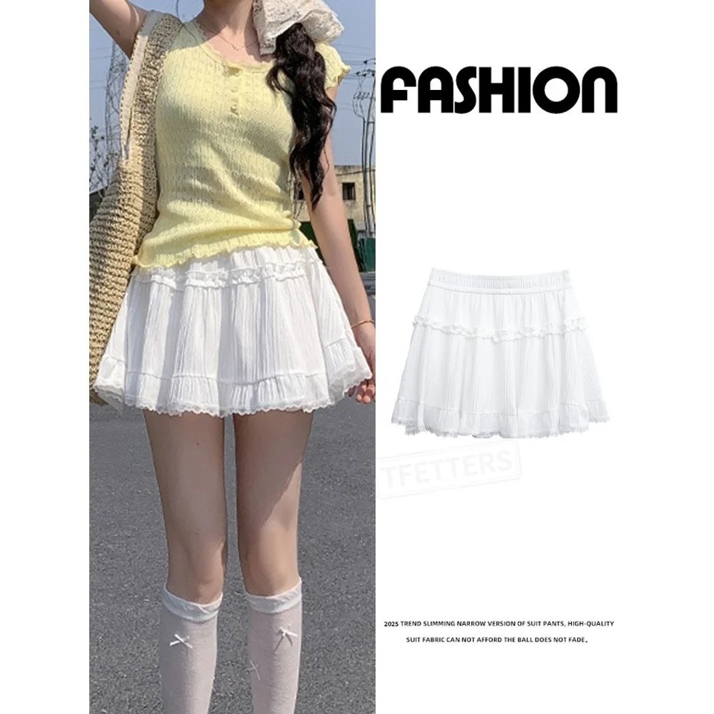 TFETTERS Korean Pleated Mini Skirt Ladies Elastic Waist Lace Ruffle Swing Skirt Summer Lightweight Sweet A Line Short Skirt