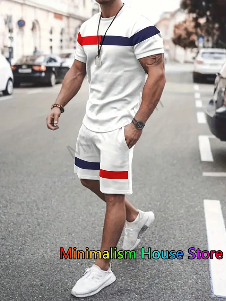 Summer New Men's Tracksuit Polo Stripe Printed T-shirt+Shorts Set Sport Outfit Jogging Suit Outdoor Streetwear Oversized Clothes