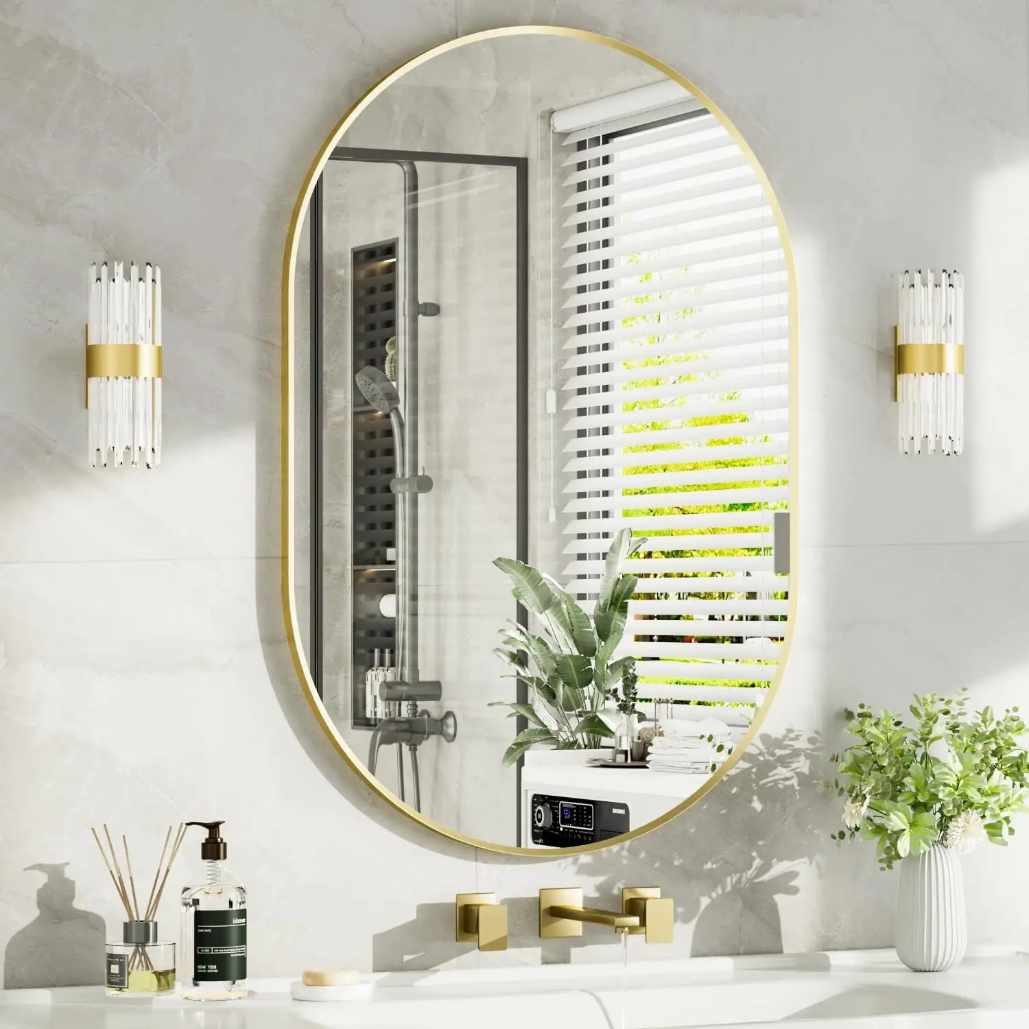 Brushed Gold Oval Bathroom Mirror 30x36 Inch Over Sink Vanity Aluminum Alloy Frame Clear Reflection Rust Resistant Wall Mount Ve