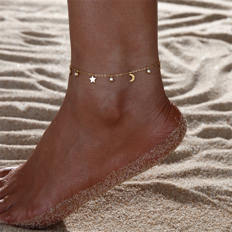 316L Acero inoxidable 2025 nueva moda joyería impermeable 18K chapado en oro circón estrellas Luna encanto Popular tobillera cadena para mujer