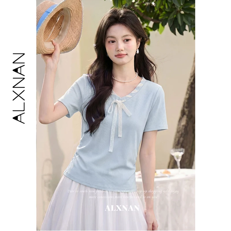 

ALXNAN Women's Blue T-shirt V-neck Lace-up Design Chic T-shirts 2026 Summer Casual Fashion Short Sleeve Tops Female L56350-2
