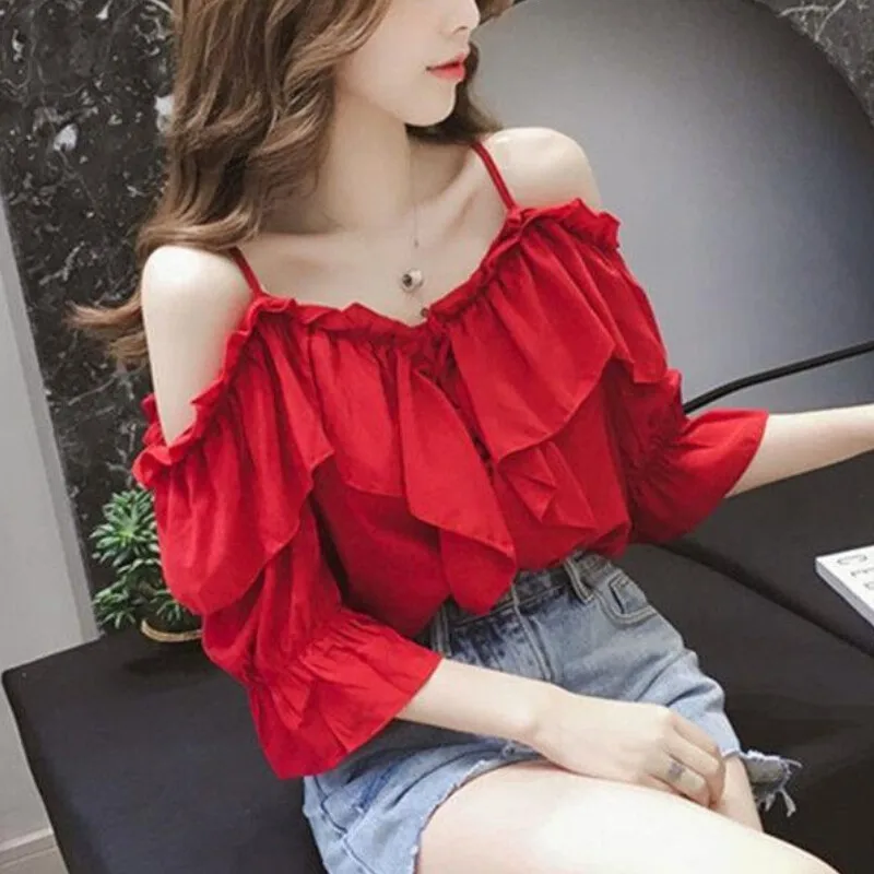 Off Shoulder Tops Women Short Sleeve Red Blouse Korean Style Summer Fashion Casual Shirt