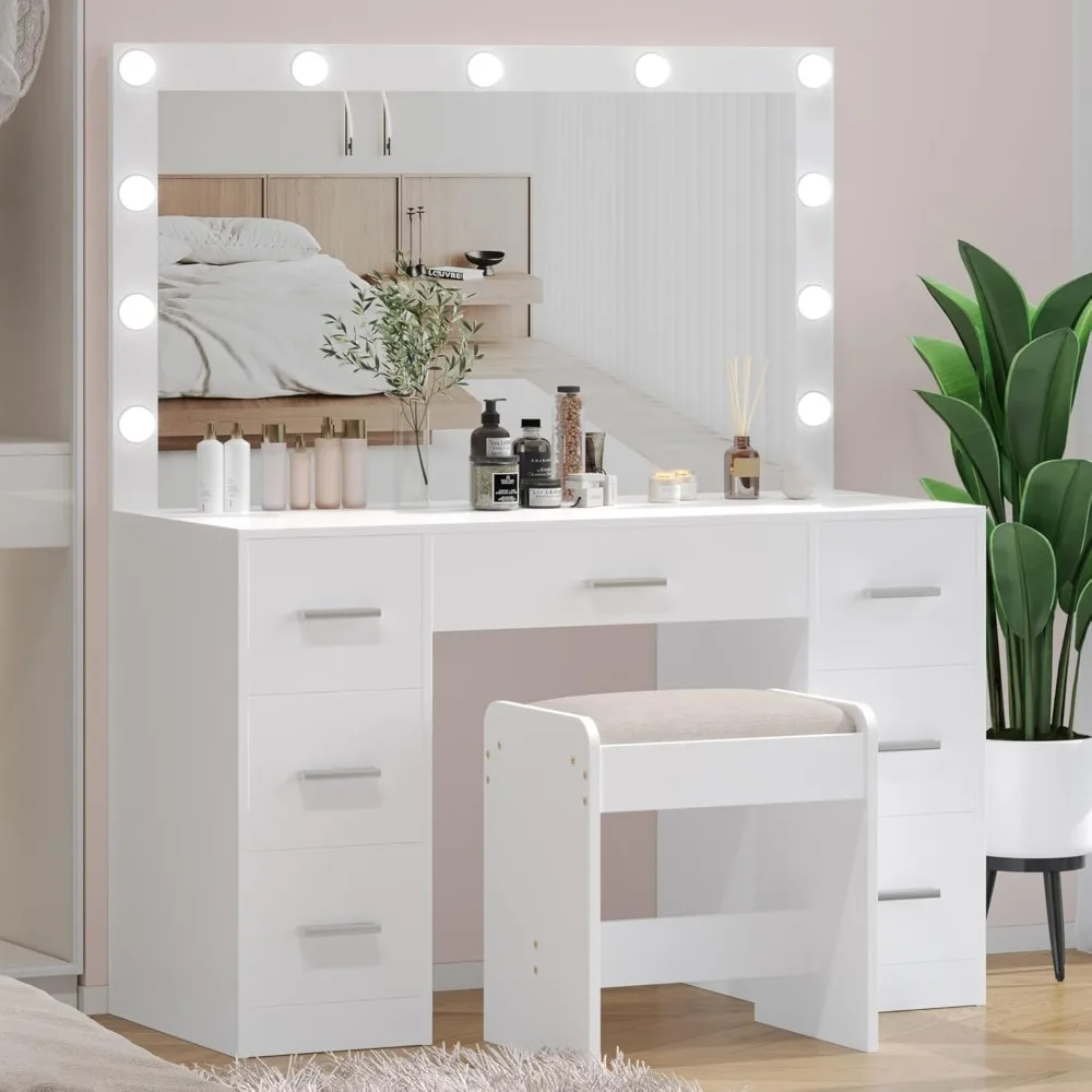 Vanity Desk with Stool, Makeup Table with Lighted Mirror, 3 Color Lighting Modes, Brightness Adjustable, Dressing Table