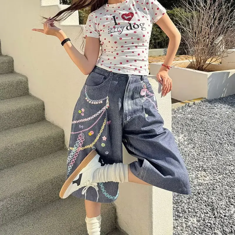 

American Retro Y2k Dopamine Printed Denim Cropped Pants Millennium Abi Loose Wide-leg Over-knee Colored Shorts Jeans Women Jorts