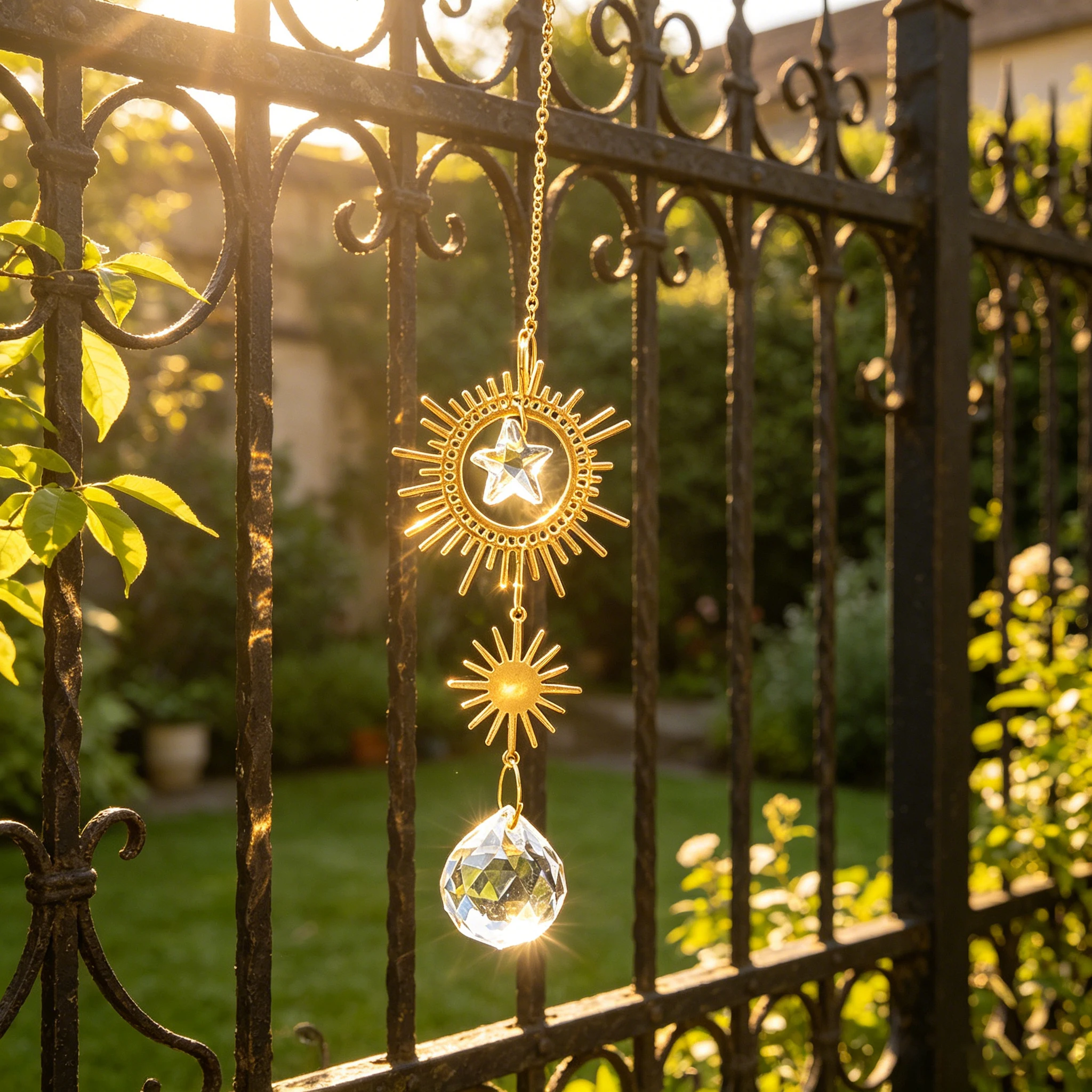Sun Starburst Crystal Ball Suncatcher Hanging Ornament Gold Hollow Star Prism Window Garden Rainbow Light Shadow Decor Charm