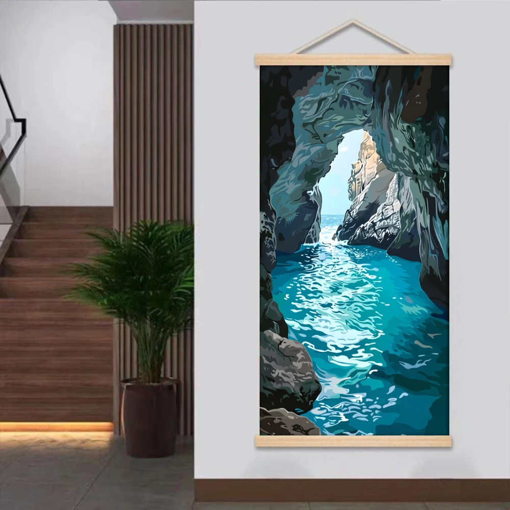 2D Flat, 1pcs Modern Coastal Ocean Wood Scroll Hanger Canvas
