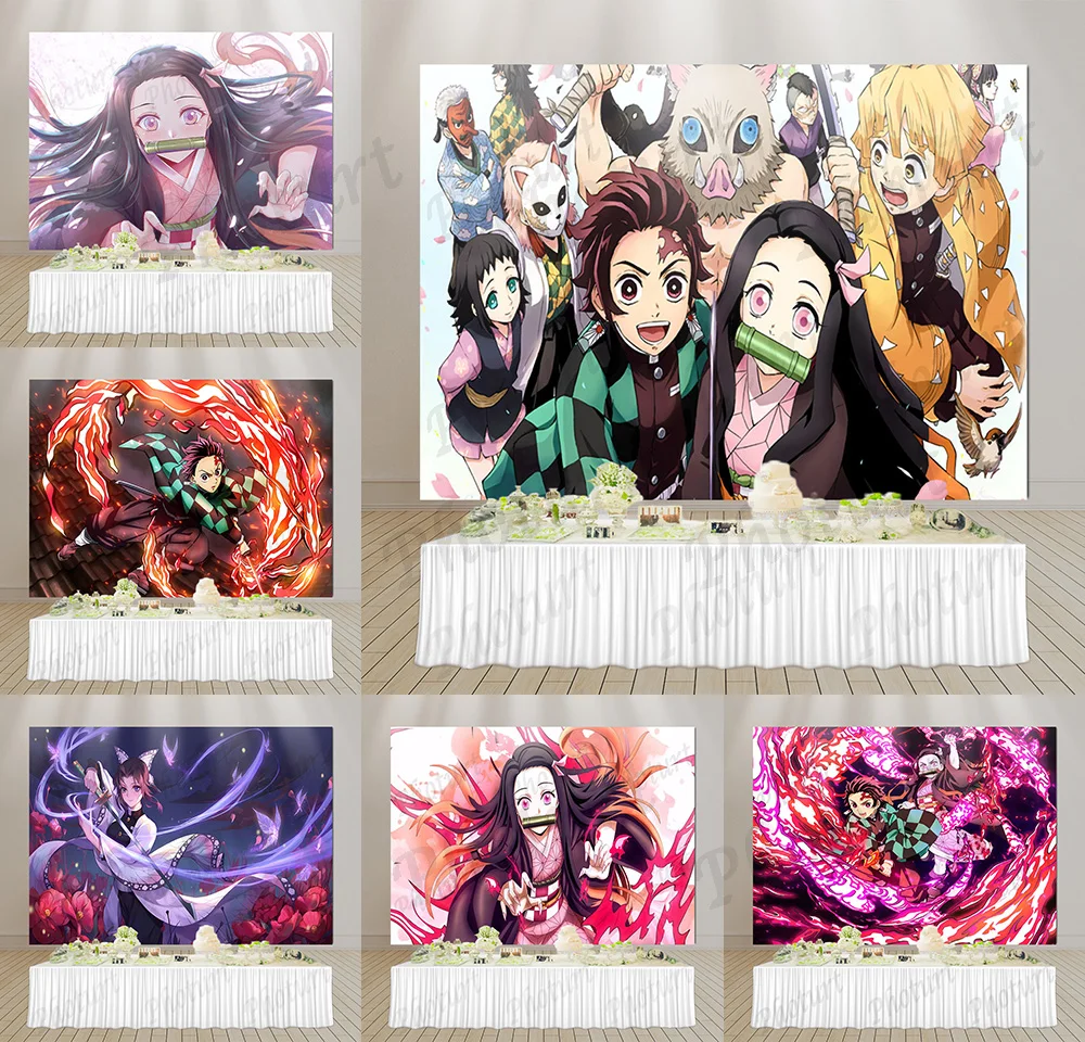 PHOTURT Kimetsu No Yaiba Photography Backdrop Birthday Background Demon Slayer Pink Butterfly Vinyl Polyester Photo Studio Props