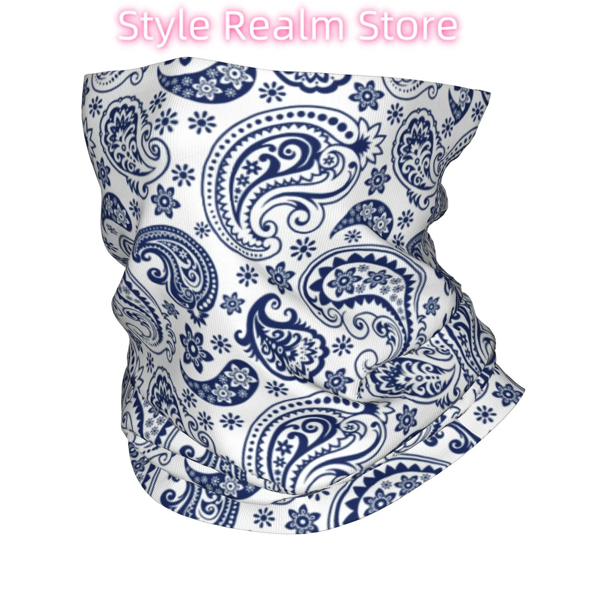 

Custom Blue And White Vintage Paisley Style Bandana Neck Warmer Winter Ski Hiking Scarf Gaiter Flowers Pattern Face Cover
