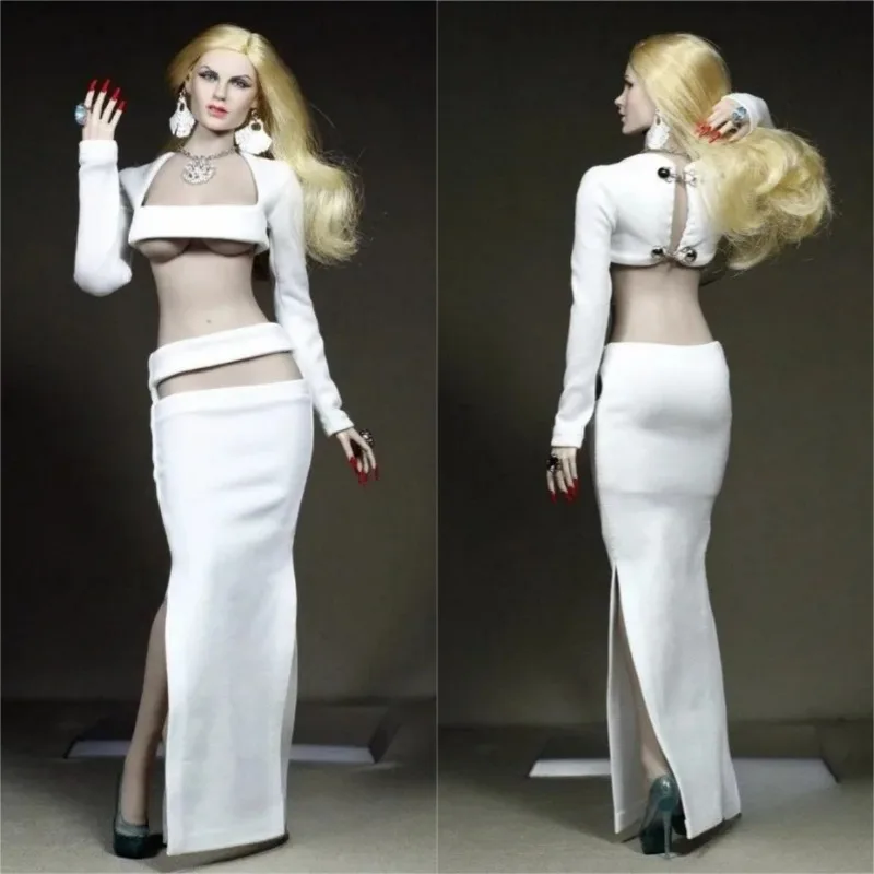 

1/6 Scale Sexy Female White Tops Bare Waist Long Skirt Clothes Model for 12Inch PH Action Figures Body Decoration