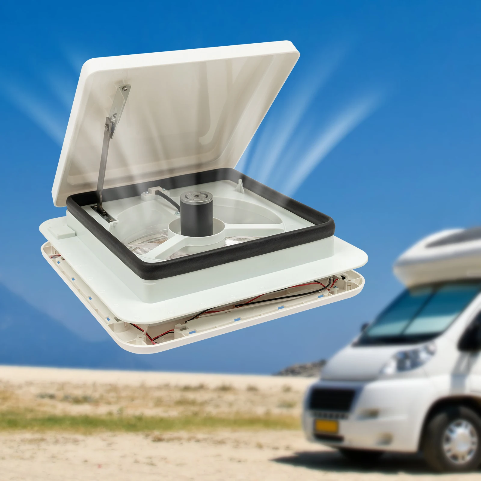 Ventilación de techo RV de 360x360mm, tragaluz, ventilación de techo de caravana, ventana push-pull, ventilador de escape de ventilación para Camper, 30m3/min con lámpara LED + red para insectos