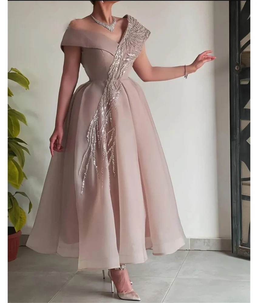 

Customized Exquisite Organza A-Line Off the Shoulder Sequined Beading Pearls Evening Dress Fashion Bespoke Occasion Gowns