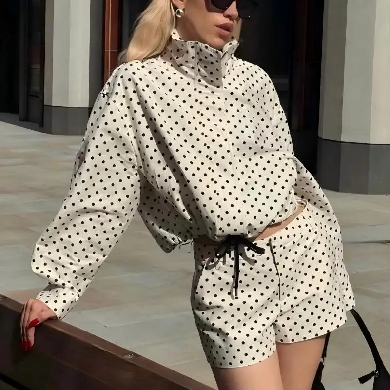 

Women's Long Sleeve Jacket - Polka Dot Bubble Yarn Drawstring Collar, 2026 Spring Retro Chic