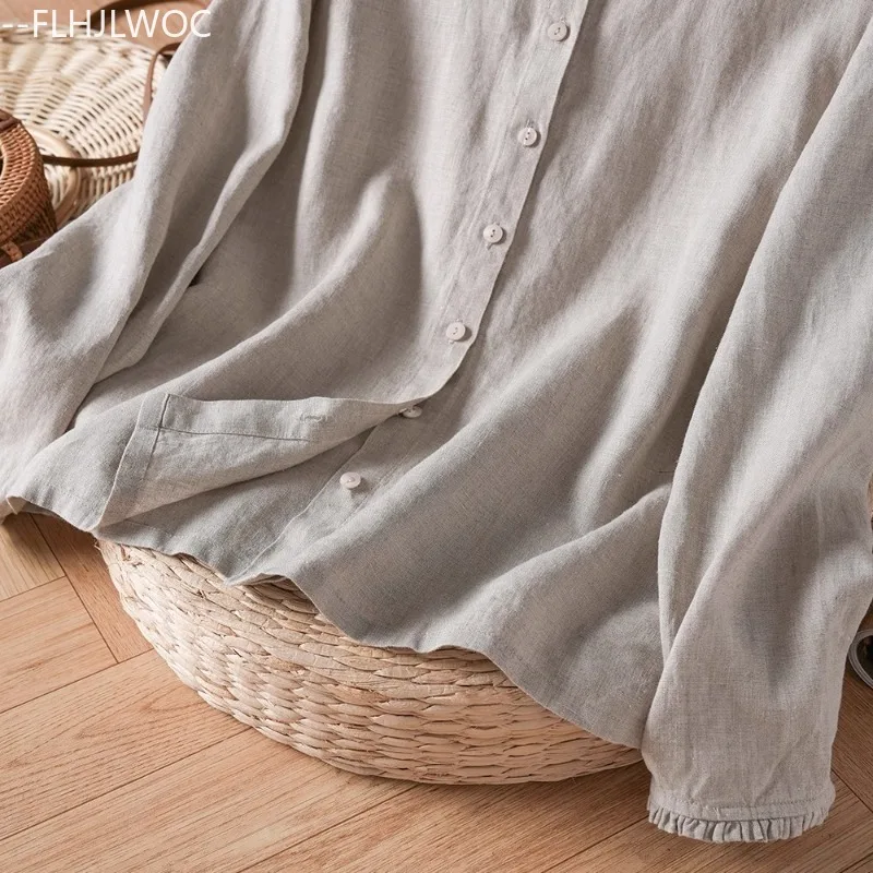 Katoen Linnen Tops Blouses Leuke lieve meisjes Vrouw Lange mouw Japanse stijl Effen ruches Retro Vintage Basics Katoenen shirts