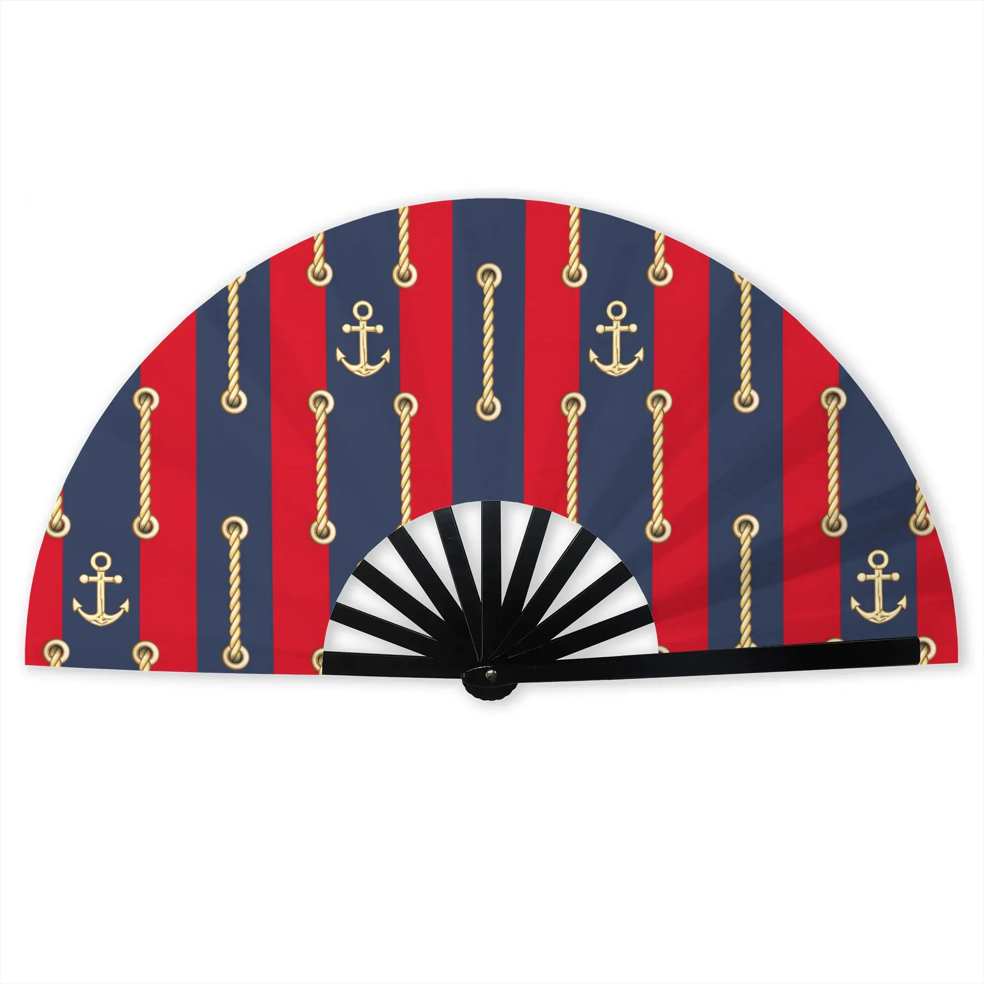 Vintage Nautical Gold Rope Stylish Hand Fan Women Red Navy Striped Printed Polyester Fan Vintage For Sports Events Gift