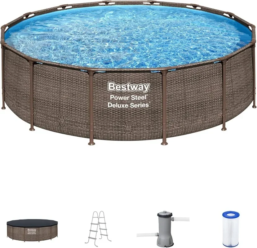 Bestway Power Steel 14’ x 42” Round Above Ground Outdoor Backyard Swimming Pool Set with 1,000 GPH Filter Pump, Ladder