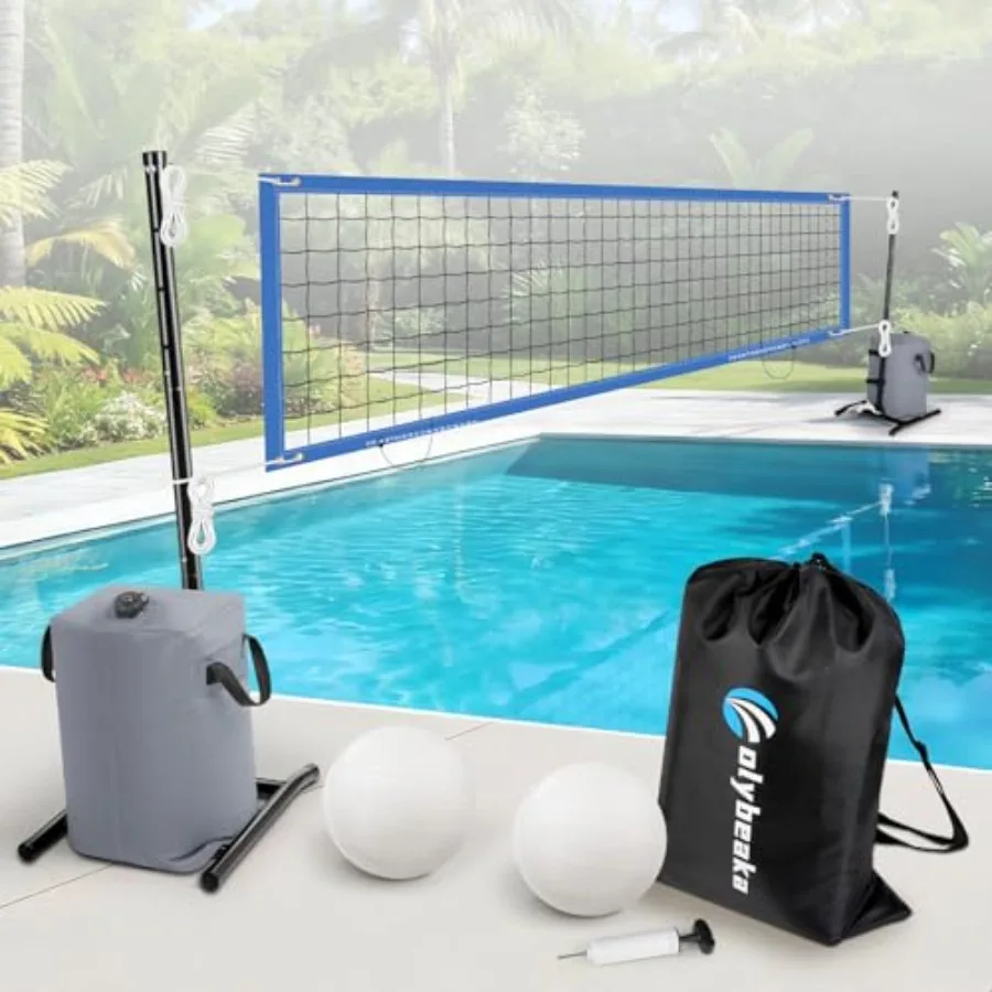 

Swimming Pool Volleyball Net Set for Adults and Family Max 30ft and 4-Height Adjustable Angled Tension Poles + 2 Water-Filled B