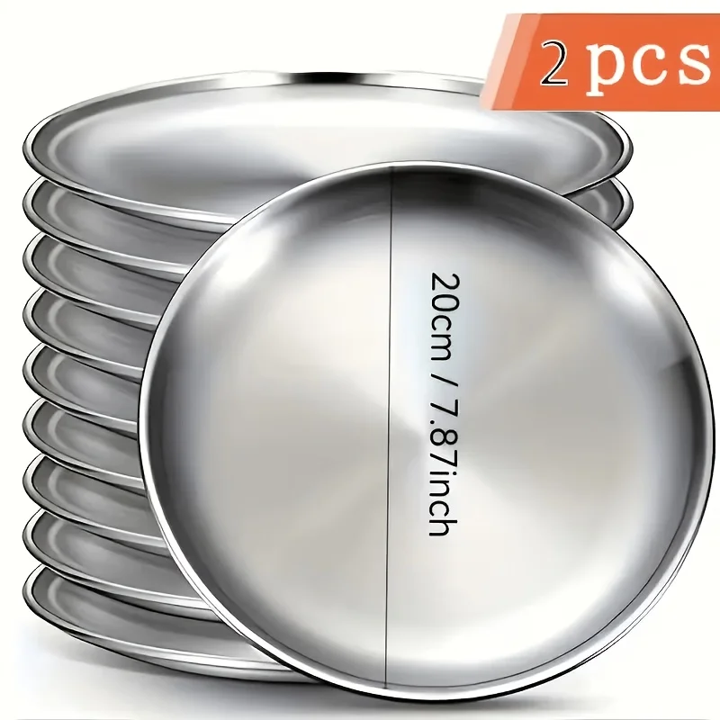 2Pcs Thickened Stainless Steel Round Dinner Plates for Home Camping Wedding Buffet, Dishwasher Safe Rustproof Stackable