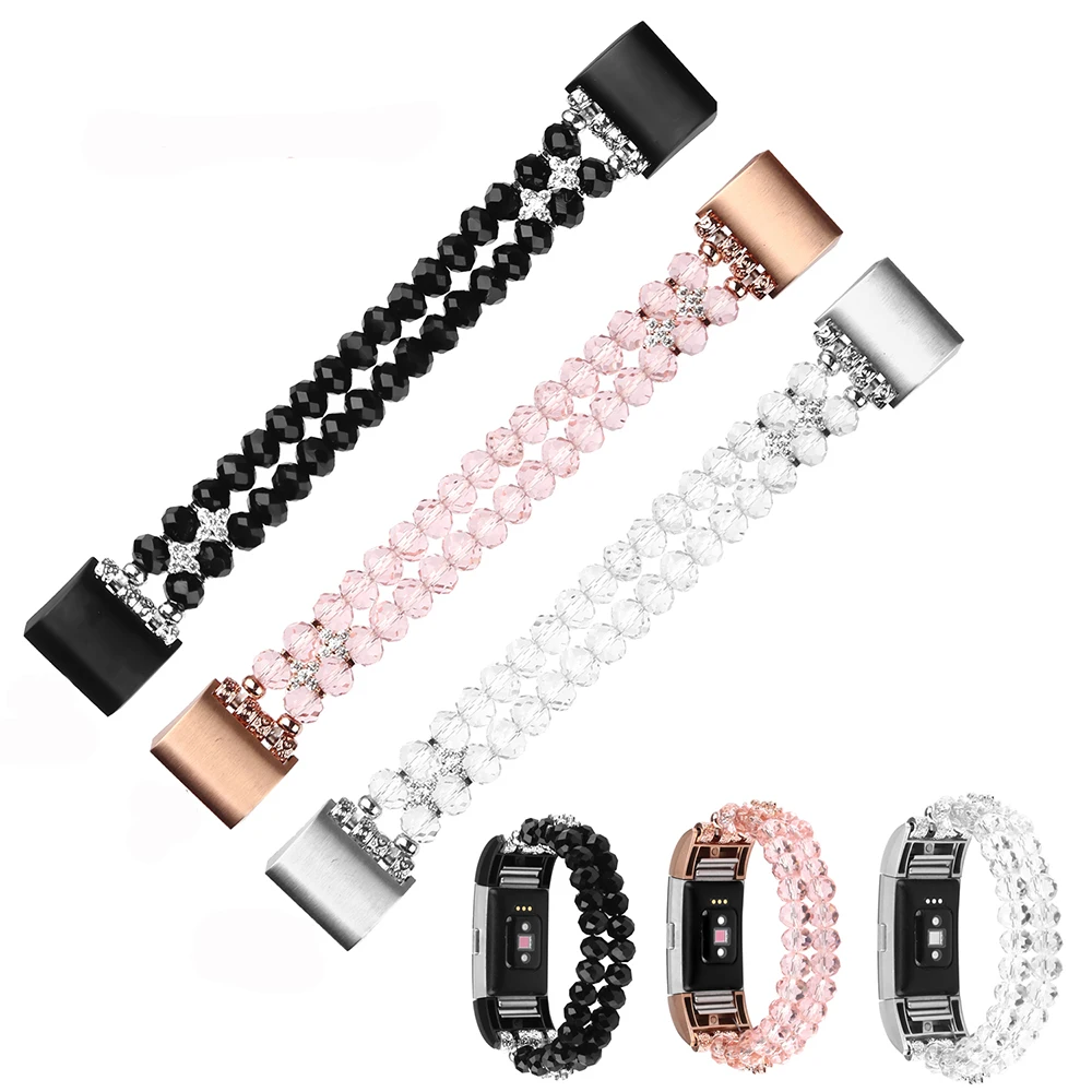 Bling Band for Fitbit Charge 5/ 6 Dressy Beads Bracelet Luxurious Crystal Replacement Wristband for Women Pink Wristband Strap