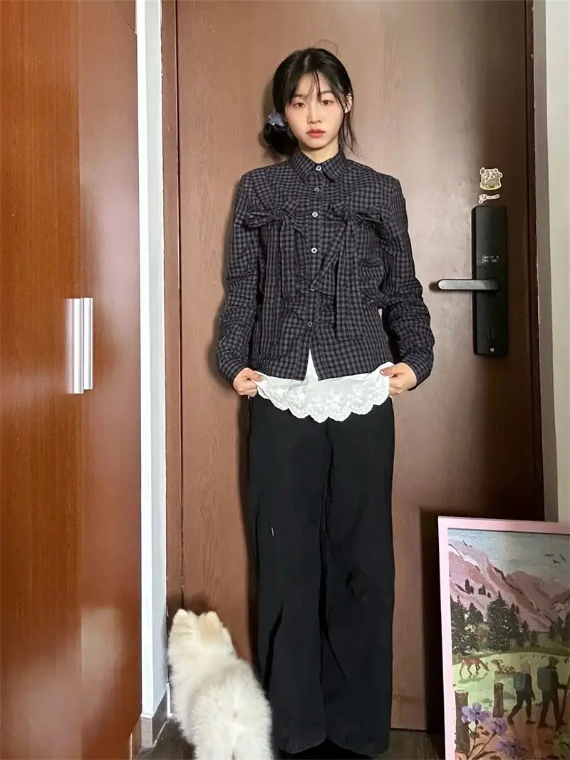 

Женская рубашка с длинными рукавами в стиле ретро, осенняя верхняя одежда, топы, женская клетчатая плиссированная рубашка с длинными рукавами и бантом