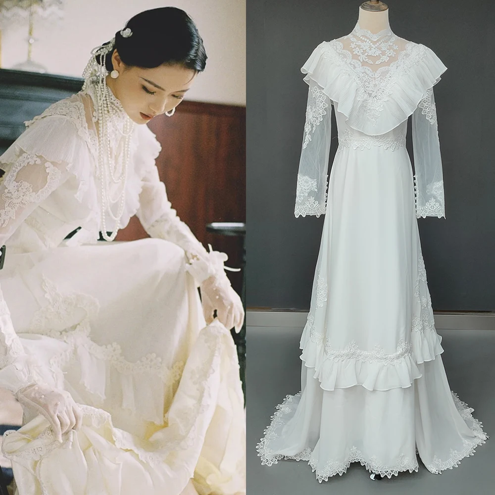 Real Photos Medieval Victorian High Neck Wedding Dress Long Sleeves A Line Customized Pleated Chiffon Appliqued Bridal Gown