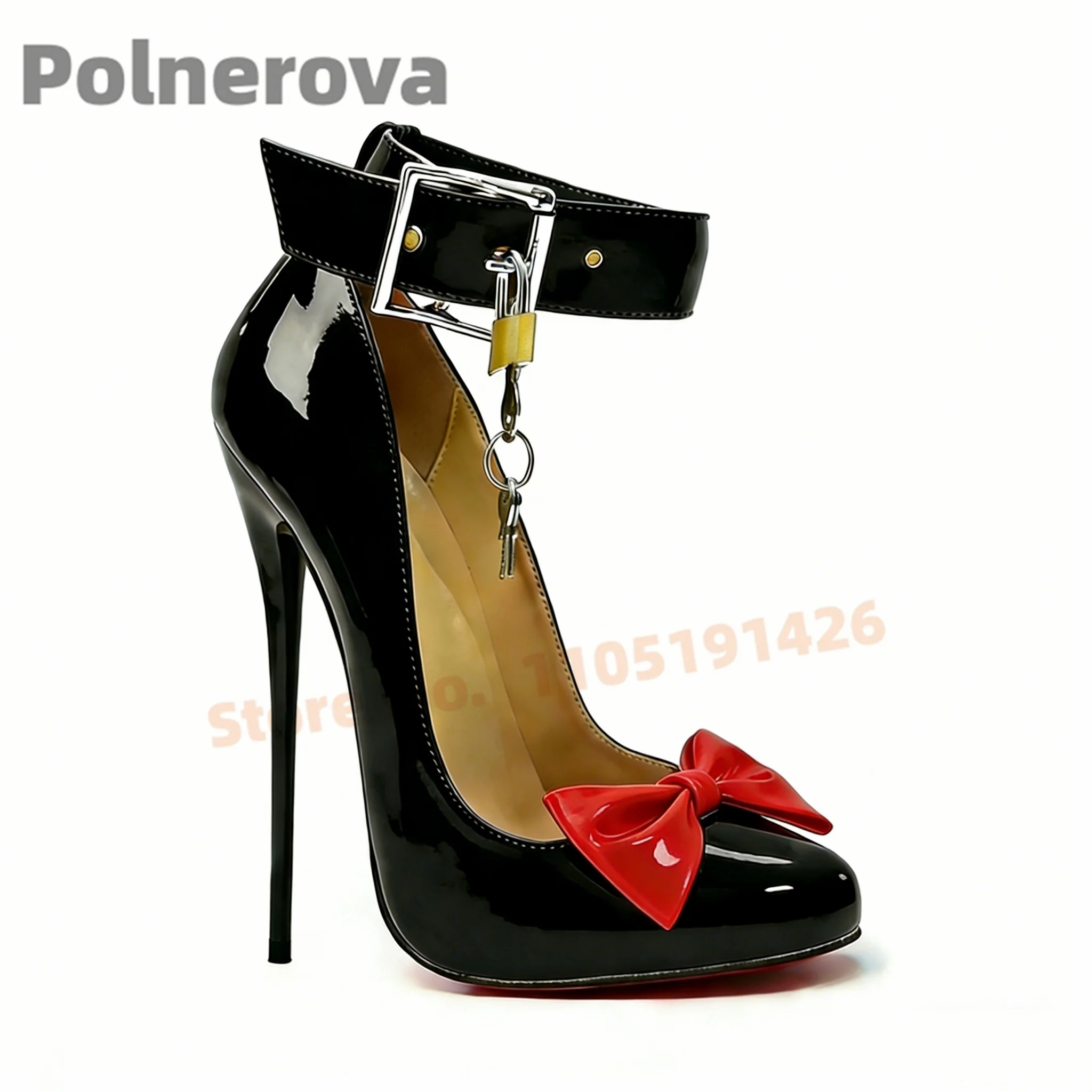 16Cm Bowknot Metal Lock Pumps for Women Sexy Round Toe Stilettos High Heels Patent Leather Square Buckle Strap Party Shoes