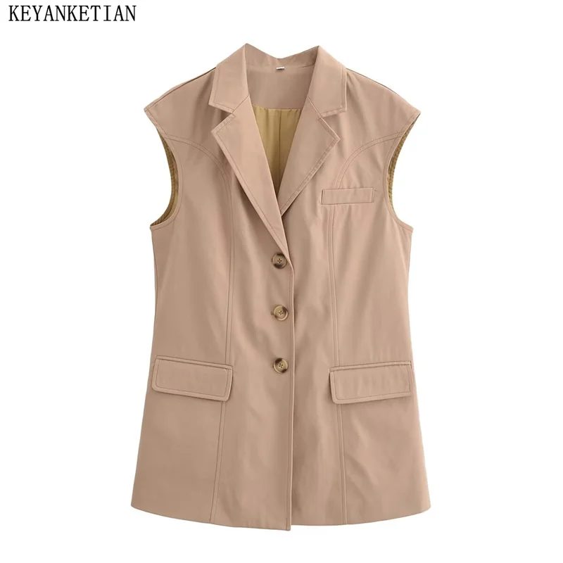 KEYANKETIAN 2024 Autumn/Winter New Women's Single Breasted Sleeveless Suit Vest Office Lady Flap Pockets Slim Waistcoat Blazer