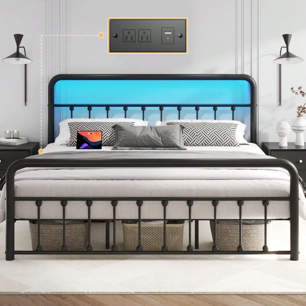 

Twin Full King Classic Metal Platform Bed Frame Mattress Foundation With Victorian Style IronArt Headboard Footboard Built In C