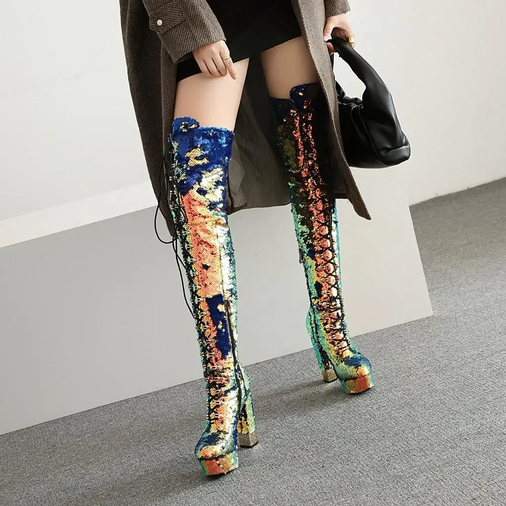 Sequined Women Over The Knee High Boots Super High Heels Platform Ladies Boots Party Wedding Shoes Woman Size 41 42 43