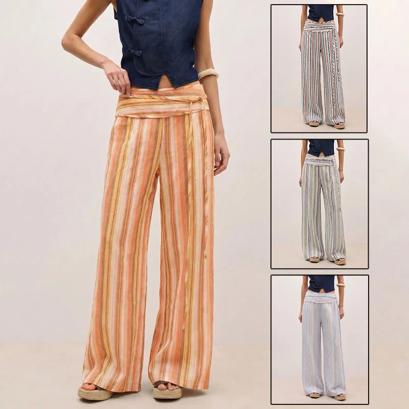Casual Pants With High Waist Flip Waist Tie Up Loose And Wide Legs Floor Length Pants Women Pantalones Pantaloni Donna Estivi