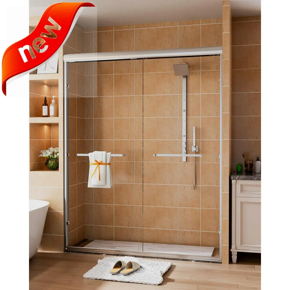 

Bathroom Double Sliding Shower Door, 56-60 Inches Wide by 72 Inches High, with 6mm Thick Clear Tempered Glass