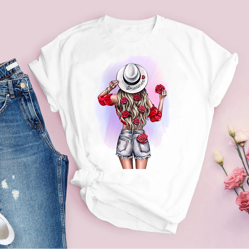 Mode Macaron Bloemen Grafische T-shirt Vrouwen T-shirt Harajuku Tee Shirt Print Femme Vrouwen Afdrukken T-shirt Vrouwelijke Losse T-shirt