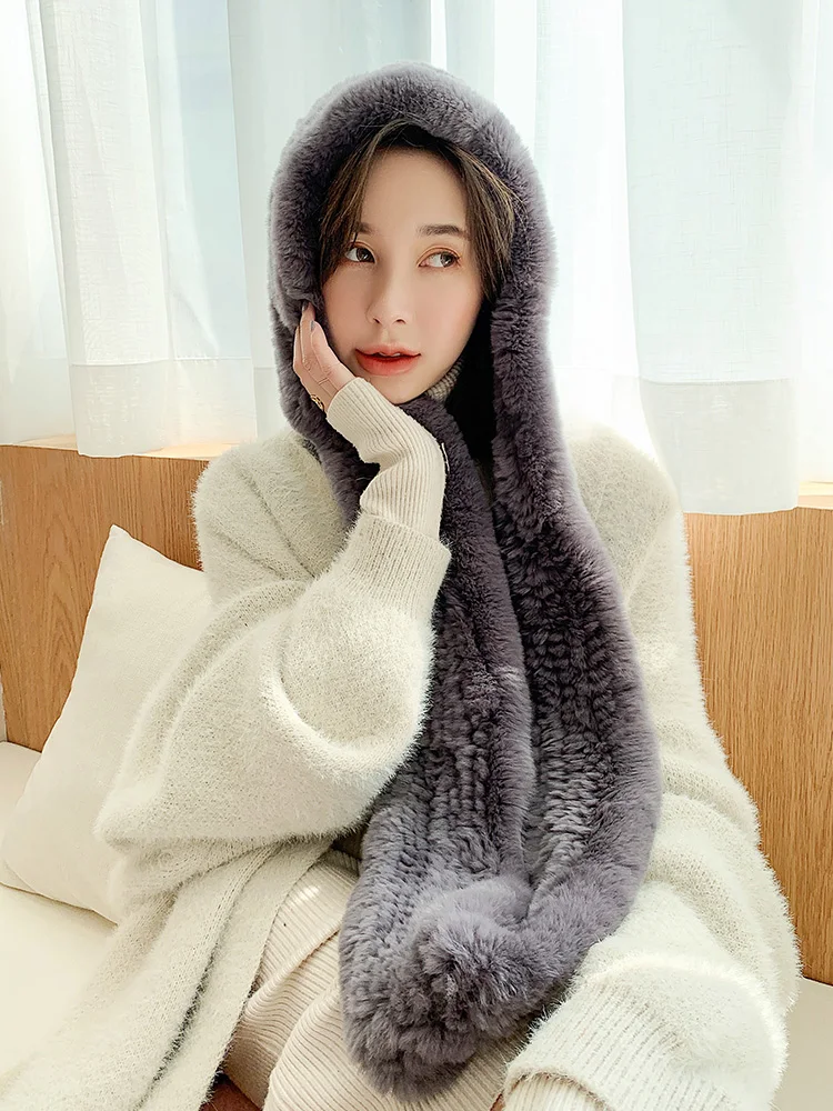 New Women Knitted Real Rex Rabbit Fur Hat Hooded Scarf Long Winter Warm Fur Hat With Neck Collar Scarves Hat Scarf Hot Sale