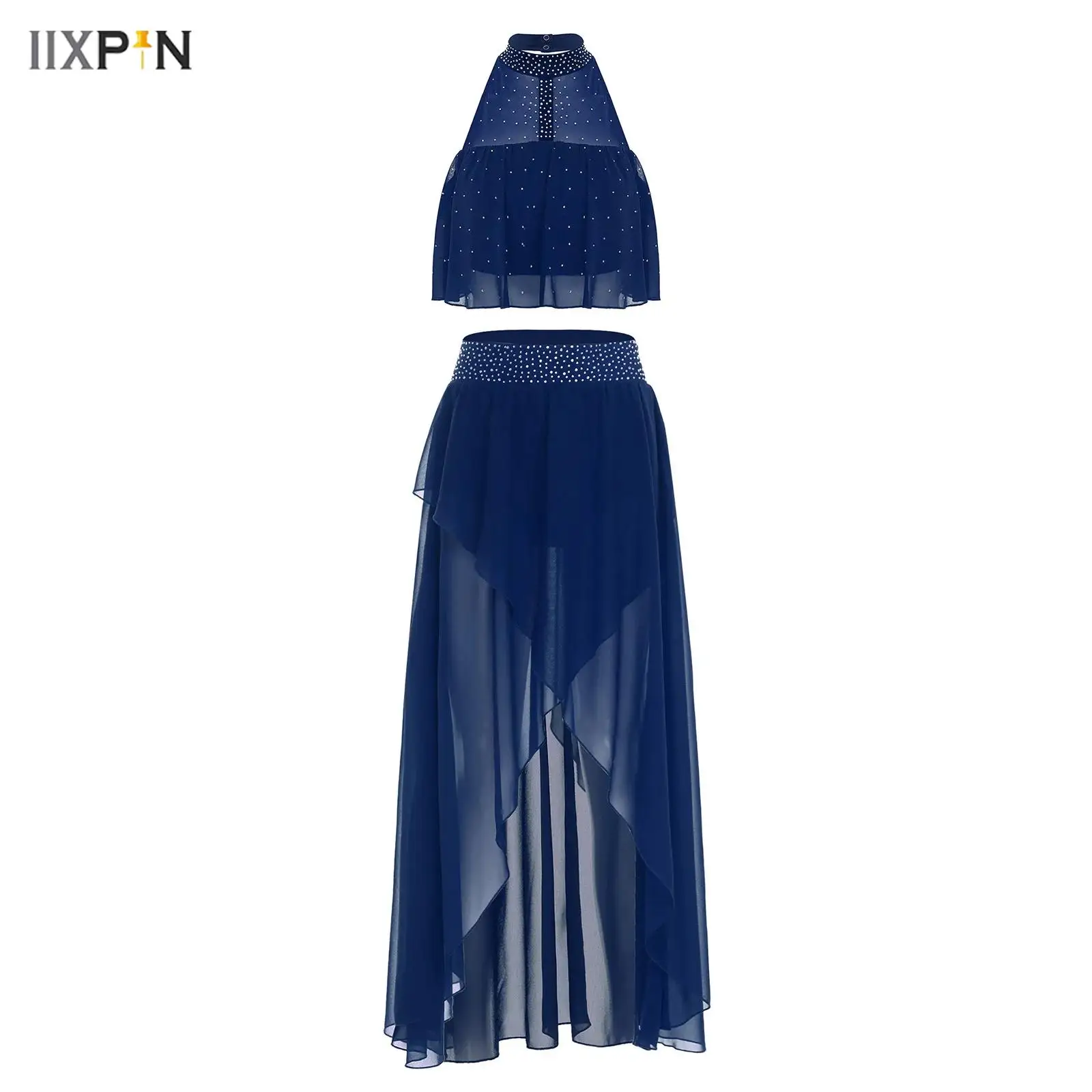 

Women Chiffon Lyrical Dance Costume Halter Sleeveless See-through Sparkly Rhinestone Tank Tops+Skirt for Performance Competition