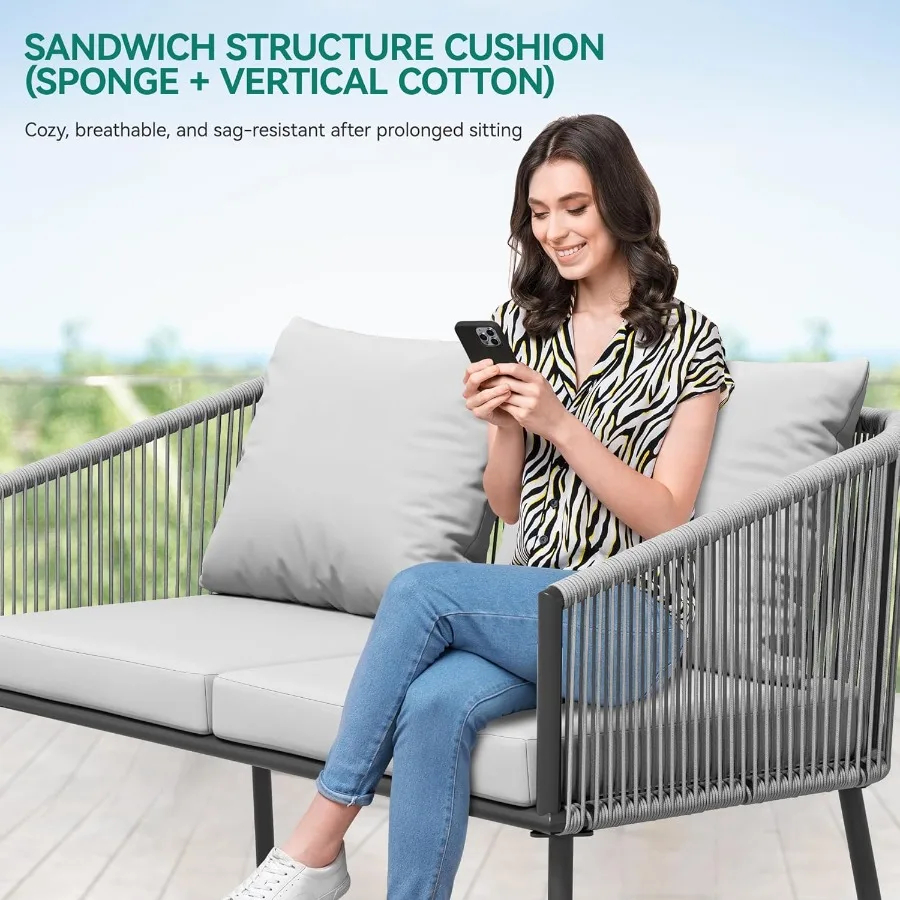 Ensemble de bistro de meubles de patio extérieur 4 pièces avec causeuse à double corde grise AllWeather et table en métal pour terrasse de balcon d'arrière-cour F