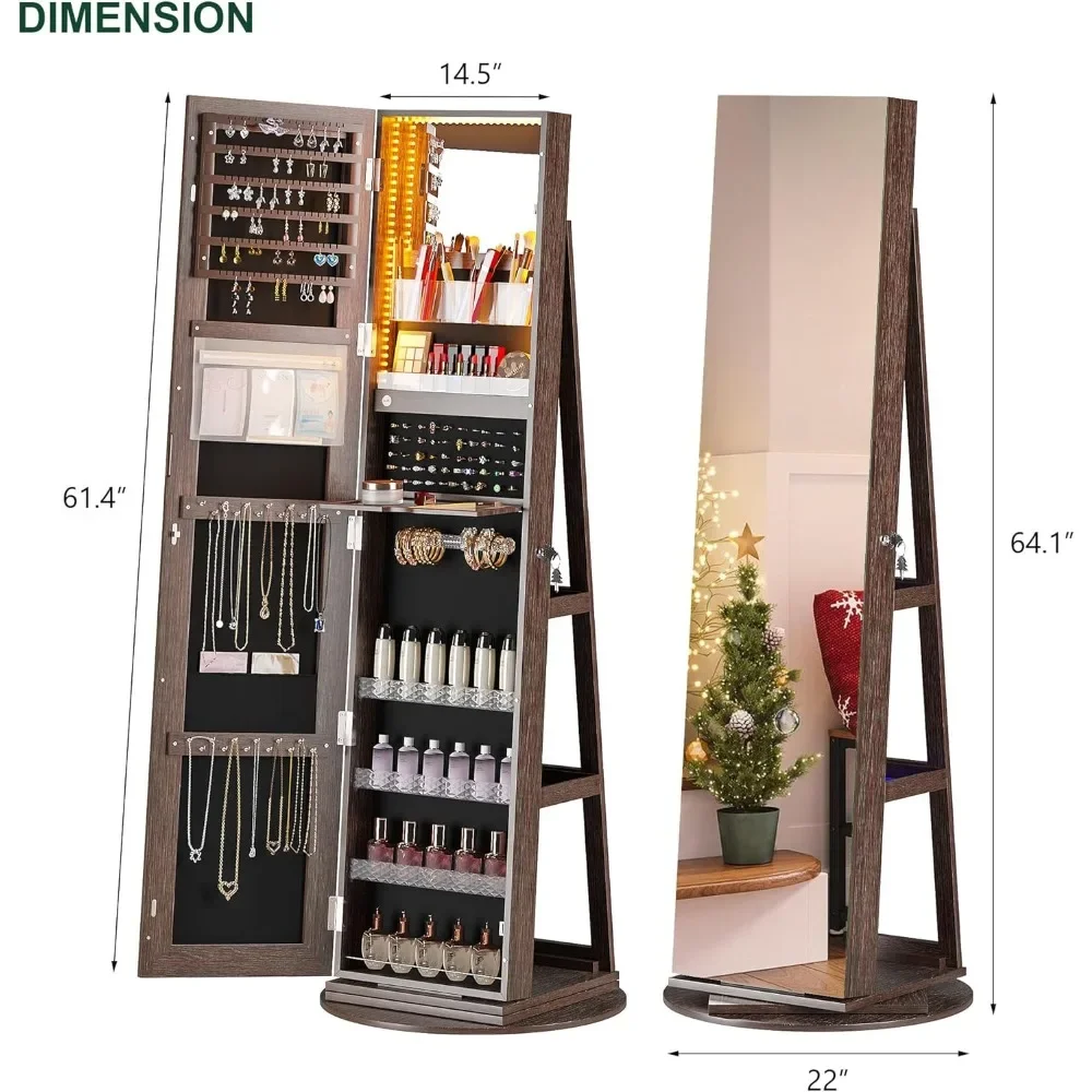 Sieradenkast 360° °   Roterend met verlichting en spiegel, 63"H staand afsluitbare Lagre sieradenopslag sieradenorganizer