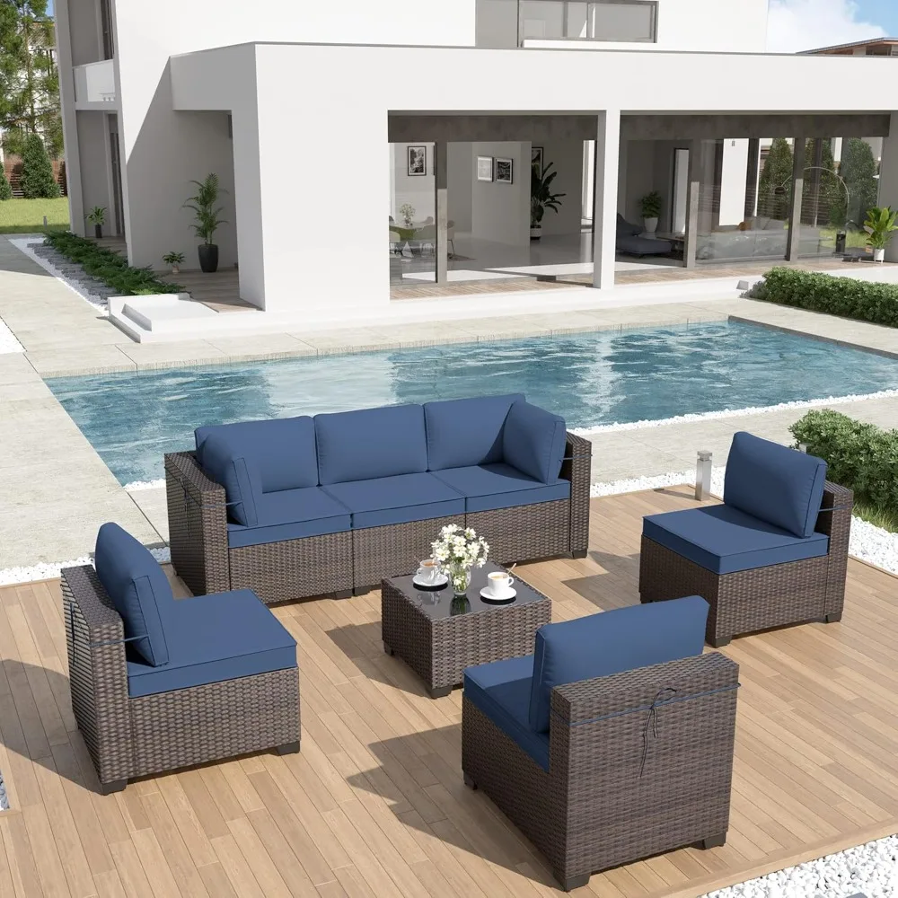

7 Piece Outdoor Furniture Sets, Woven Wicker Patio Sectional Sofa, All Weather Brown PE Rattan Patio Conversation Set w/Cushion