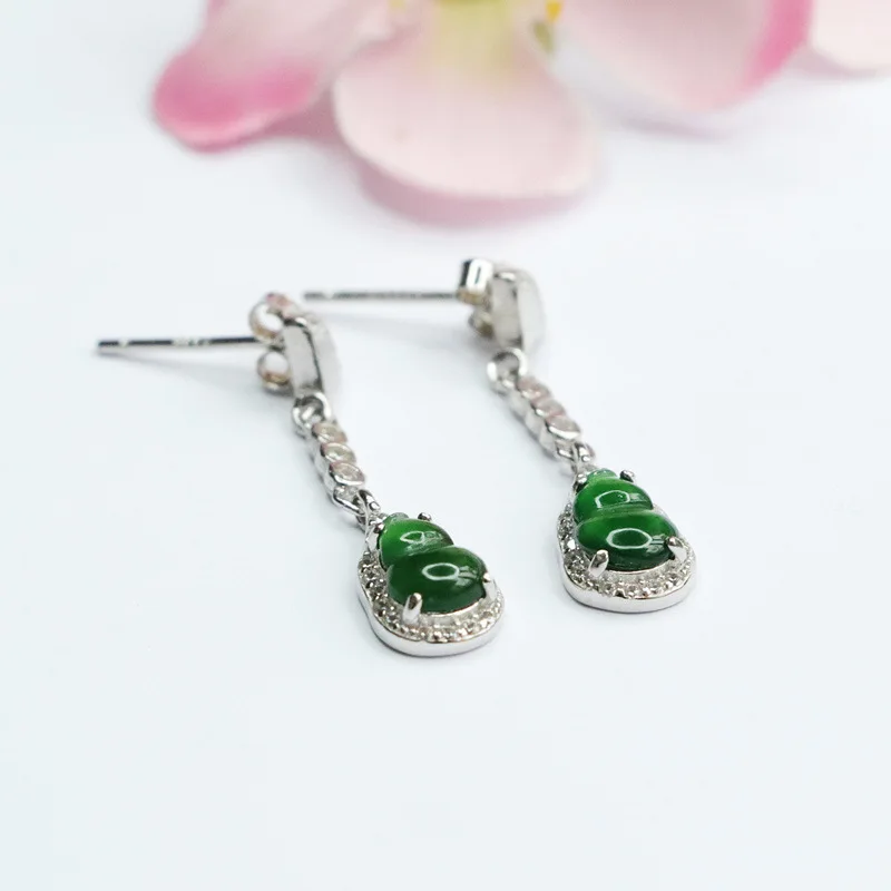 

​​S925 Silver Natural A-grade Emperor Green Gourd Hook Earrings - Handmade Ice Jade Luxury Jewelry​​