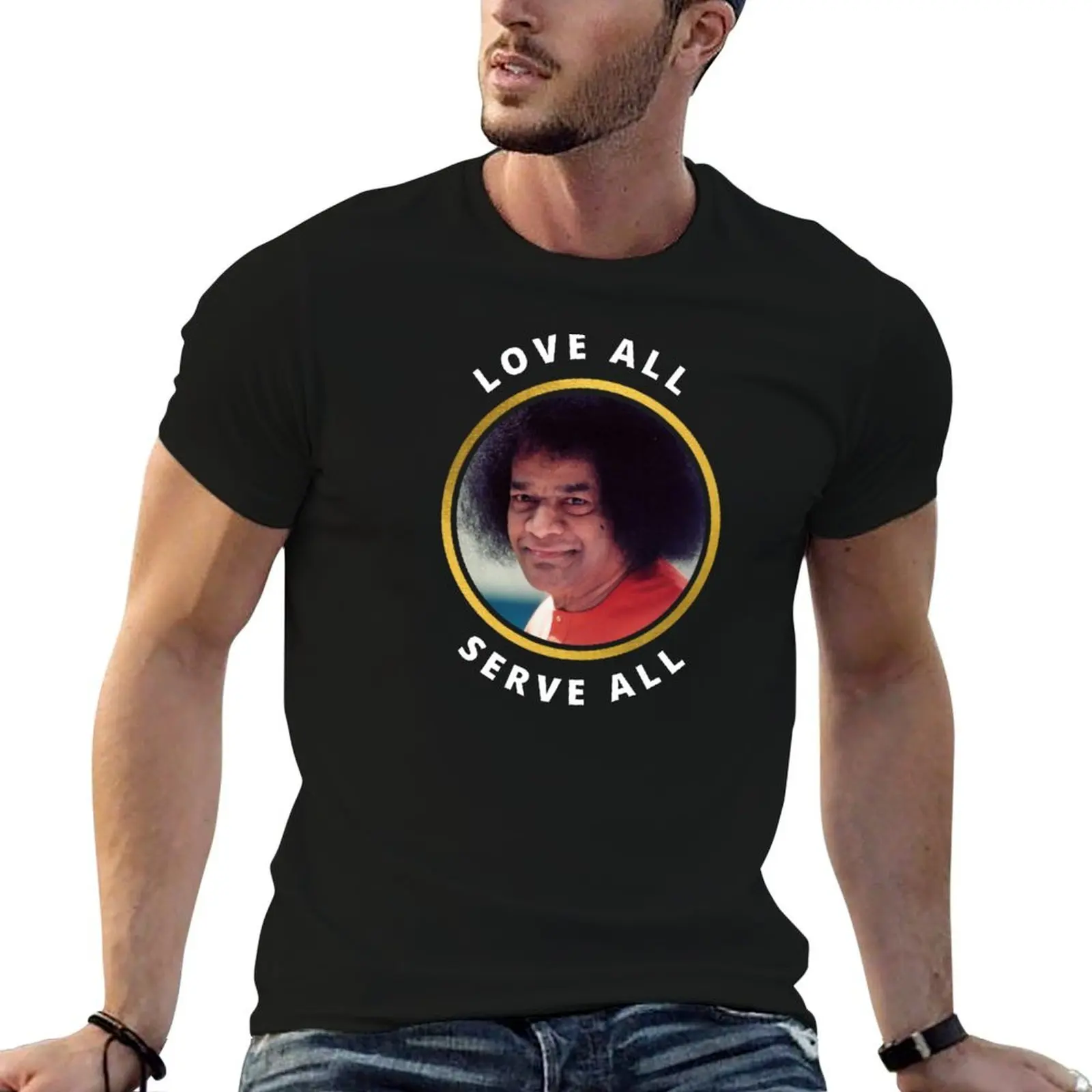 Camiseta Sai Baba Love All Serve All, camisetas para hombre, camisetas de algodón suave, camiseta de alta calidad