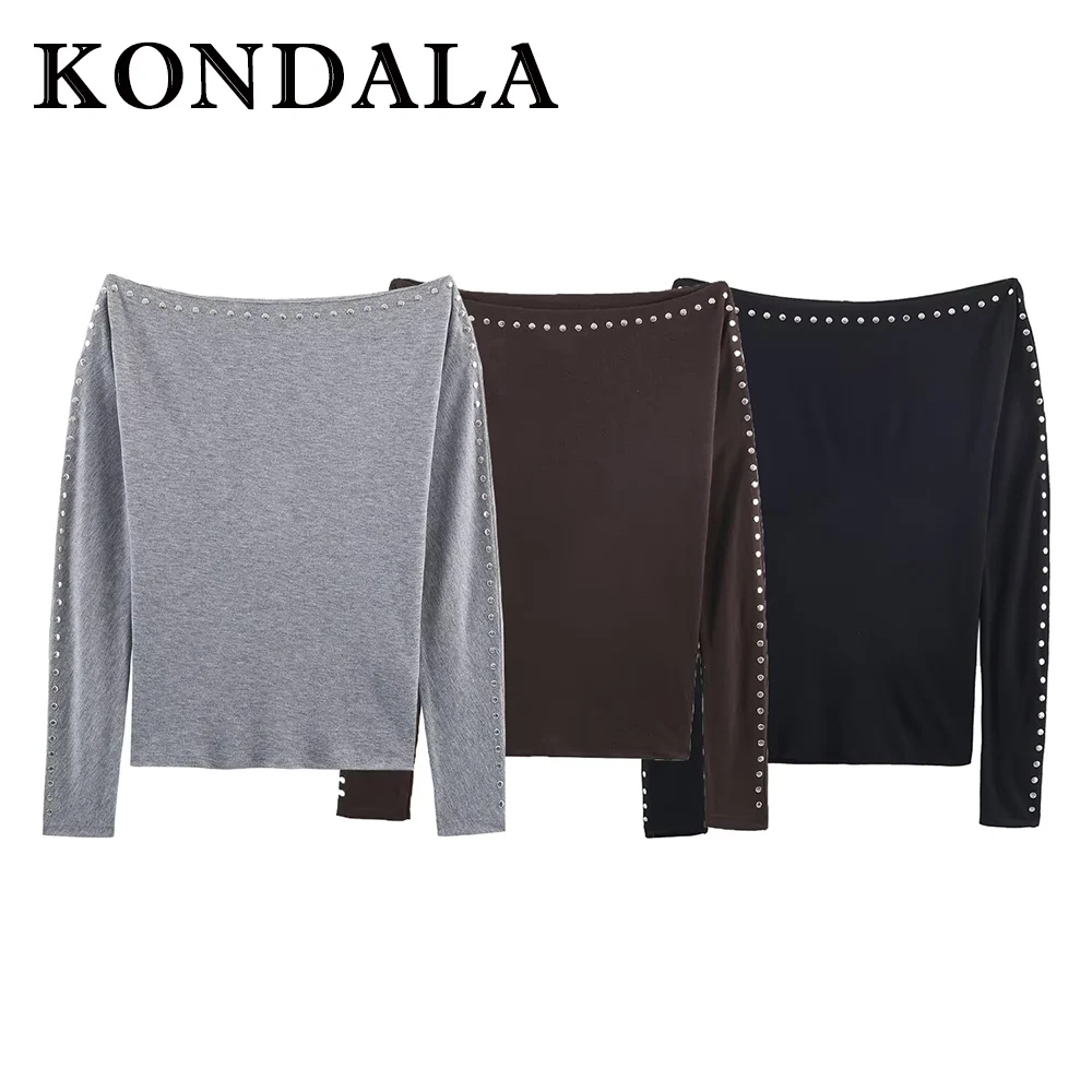 KONDALA Chic Elegant Solid Grey Women T-shirt Streetwear Rivet Fashion 2025 Autumn Long Sleeve Cool Modern Casual Female Top