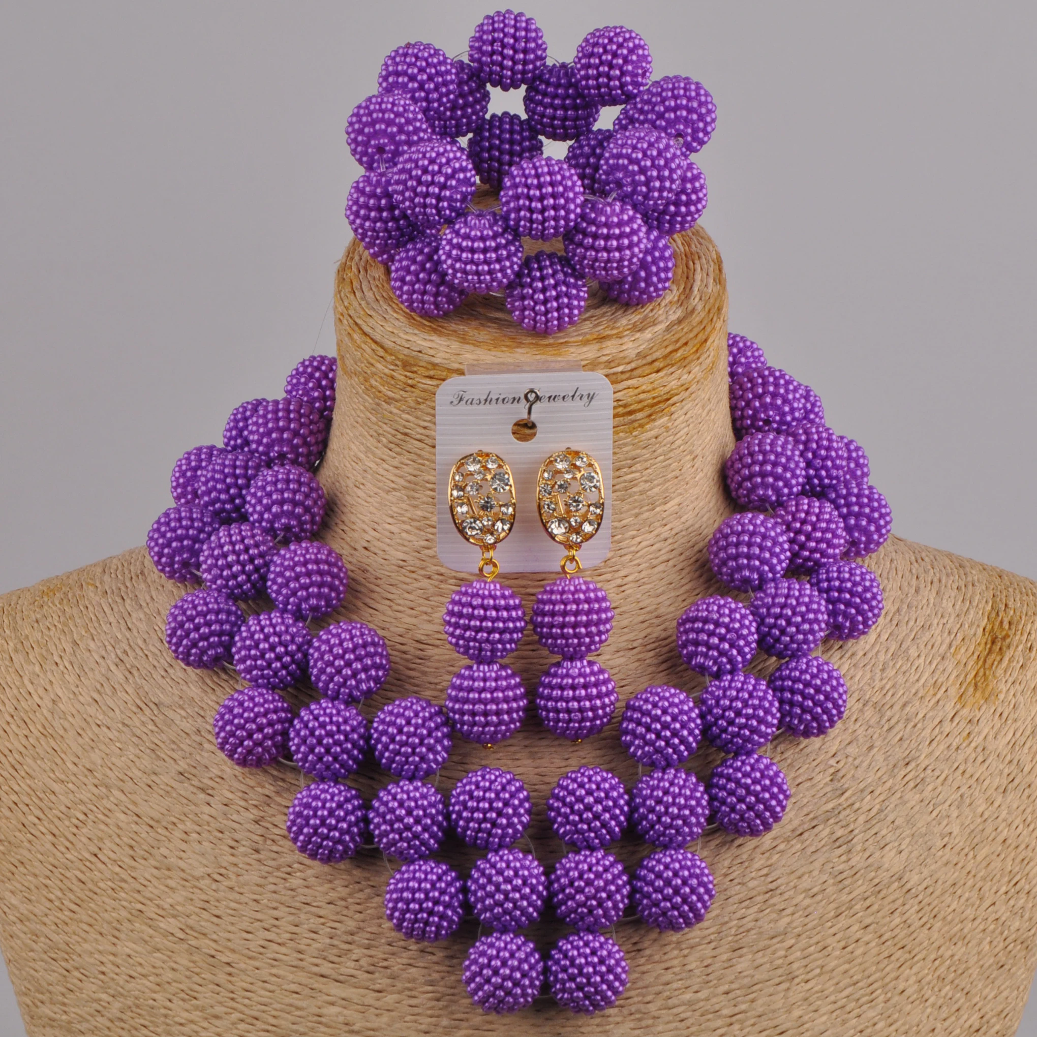 Laanc Latest Purple African Jewelry Set for Women Nigerian Wedding Beads Necklace and Earrings JXZ006