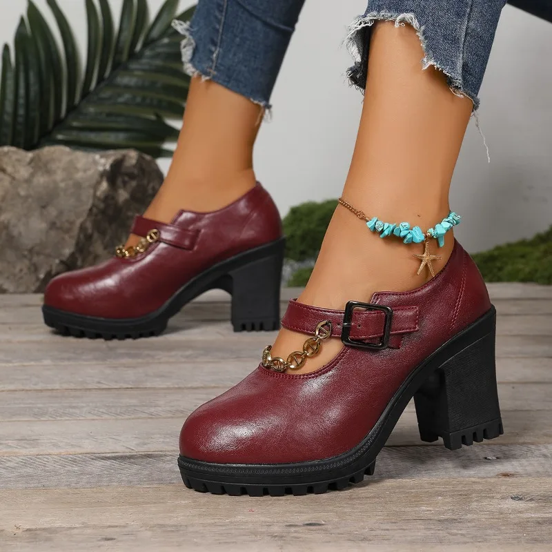 

Mary Jane Single Shoes Autumn New Round Toe Shallow Mouth Metal Chain Platform Waterproof Non-slip Block Heel Pump Shoes
